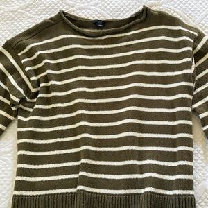 Talbots Olive Green and White Striped Crewneck Sweater.